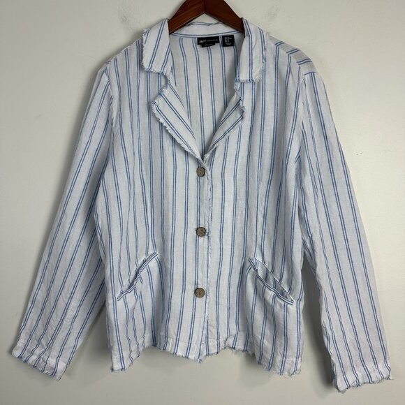 JNY Jones New York Blue Stripe Linen Button Lighweight Shacket XL‎ Coastal Euro - Picture 2 of 9